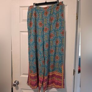 Teal Floral Border Wide Leg Pant
